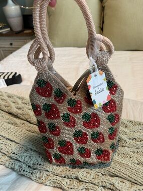 Beaded Strawberry Tote Bag - Handcrafted India